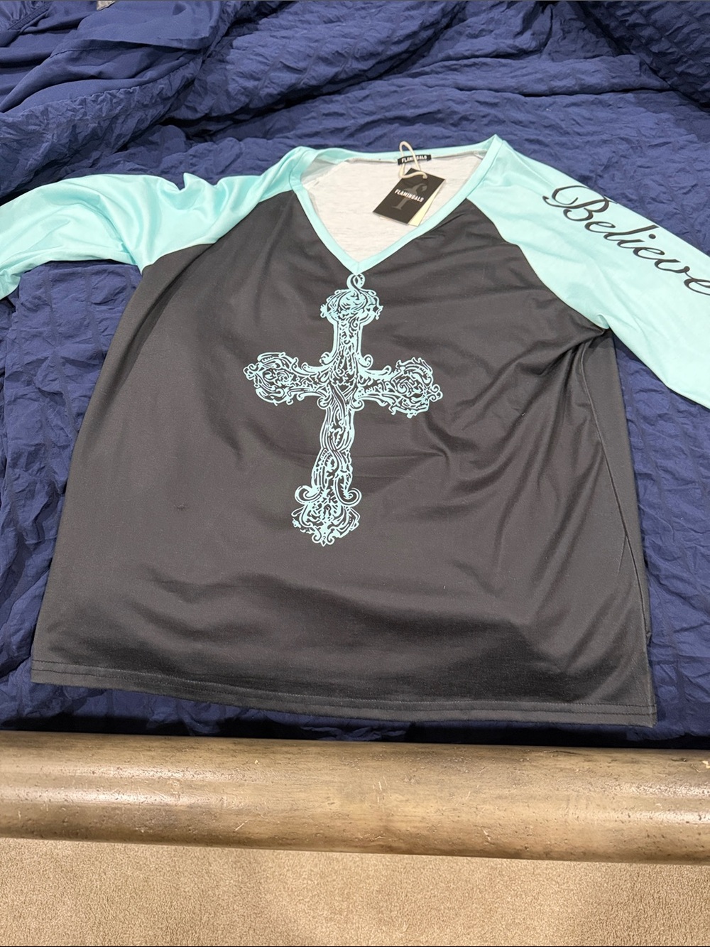 Women’s Long Sleeve Raglan Tee with Cross Graphic in Aqua and Black